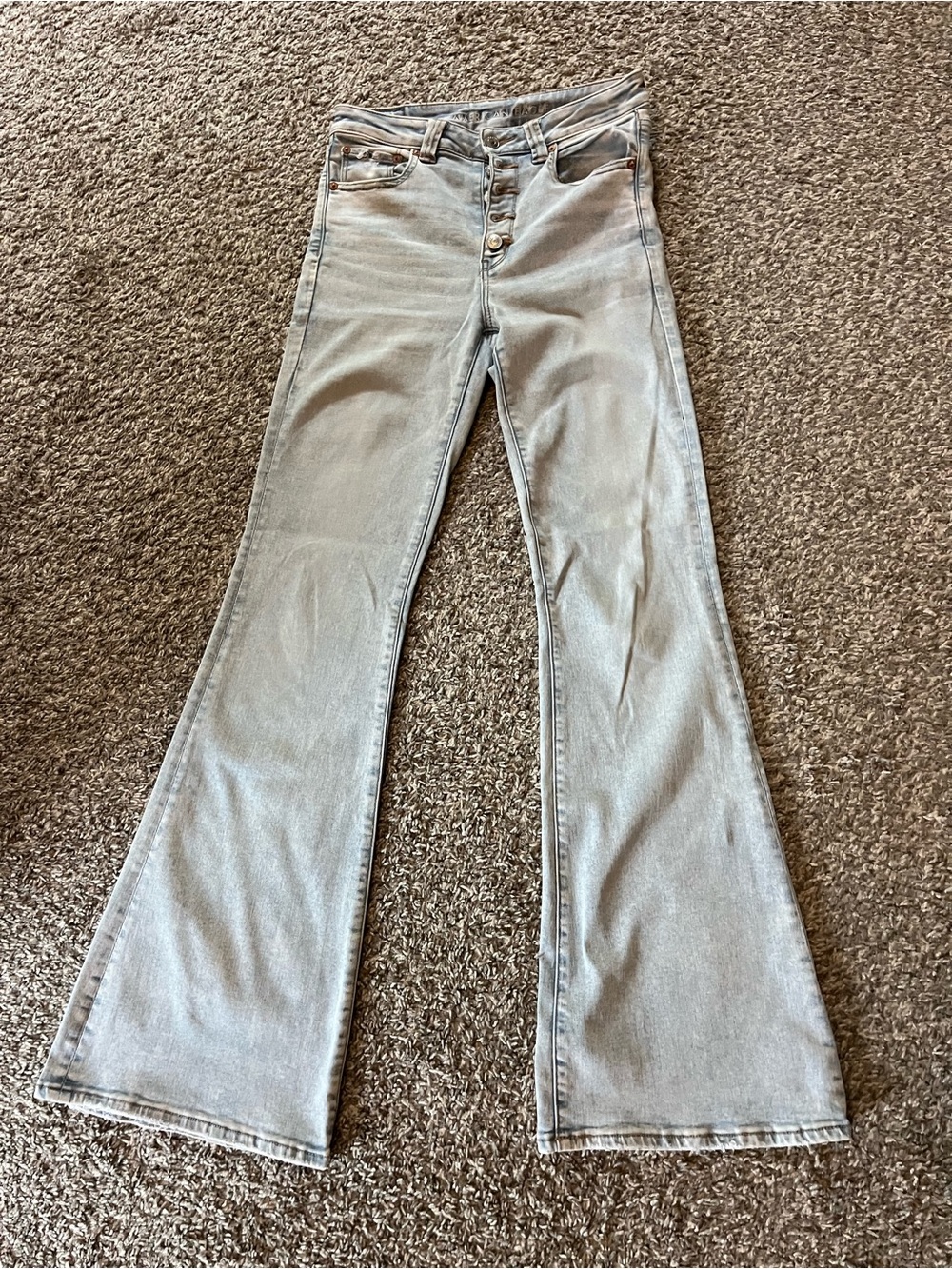 American Eagle Outfitters Pale Blue Button-Front Flare Jeans